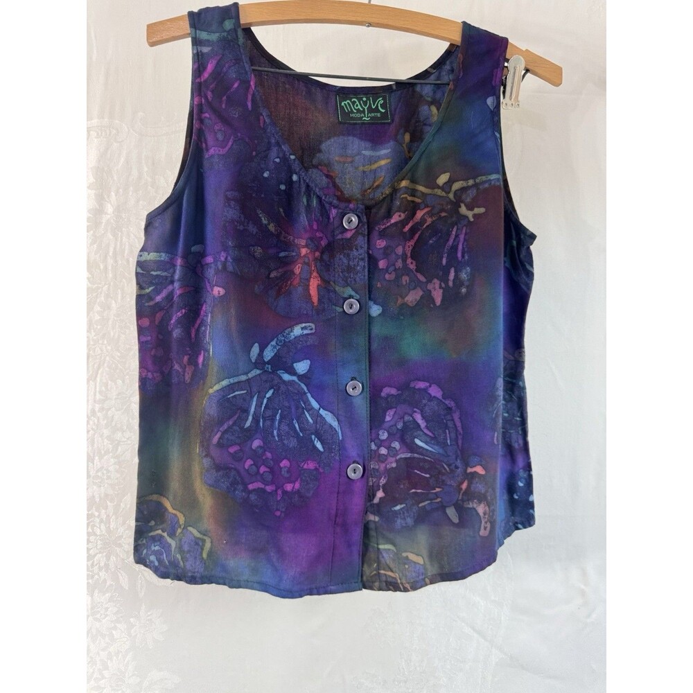 Mayve Moda Arte Water Color Button Up Sleeveless Blouse Boho Hippie Artsy